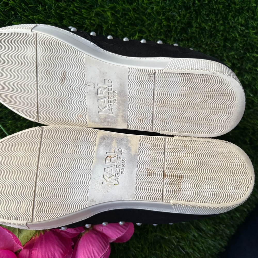 KARL LAGERFIELD NLACK POINTED TOE LEATHER SUEDE SNEAKERS FAUX PEARL TRIM 8.5 - Picture 4 of 10